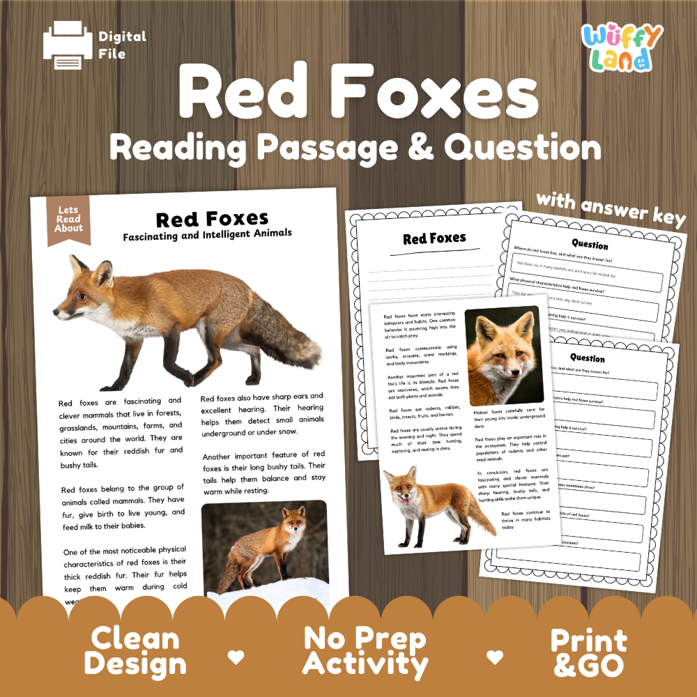 Digital reading activity sheet set about red foxes, shown on a wood background with promotional text. The set includes a reading passage page with a fox photo, a worksheet with fill-in and question sections, and an answer key page.