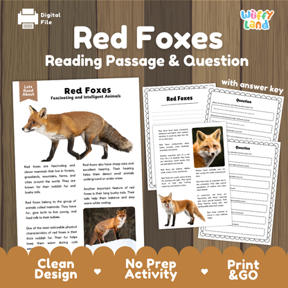 Digital reading activity sheet set about red foxes, shown on a wood background with promotional text. The set includes a reading passage page with a fox photo, a worksheet with fill-in and question sections, and an answer key page.