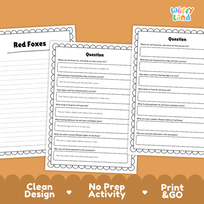 Red Fox Reading Passage and Comprehension Questions with Answer Key Worksheets