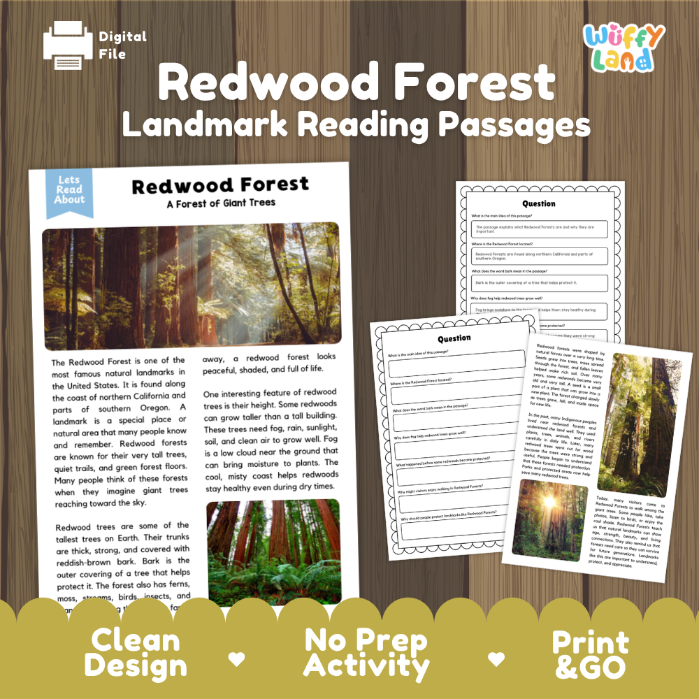 Redwood Forest Landmark Reading Passage and Comprehension Questions Worksheets