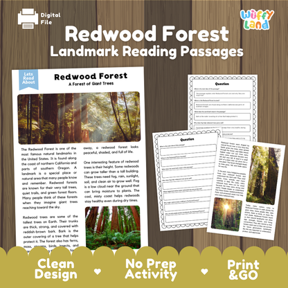 Redwood Forest Landmark Reading Passage and Comprehension Questions Worksheets
