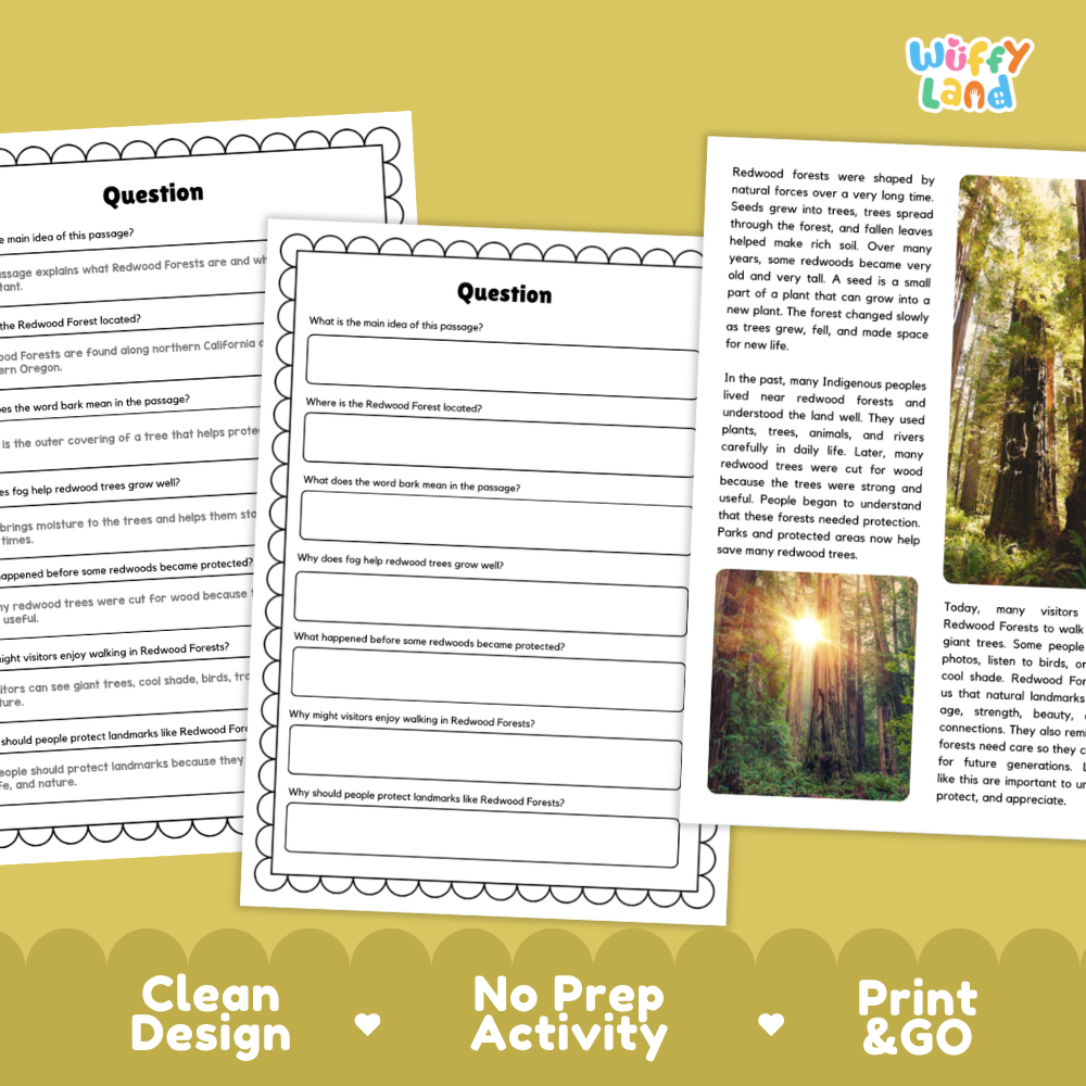 Three printable educational activity sheets for Redwood Forest learning, displayed on a yellow background with the text 'Clean Design', 'No Prep Activity', and 'Print & GO'. The sheets feature black and white text and question prompts with a small redwood tree photo on one sheet.