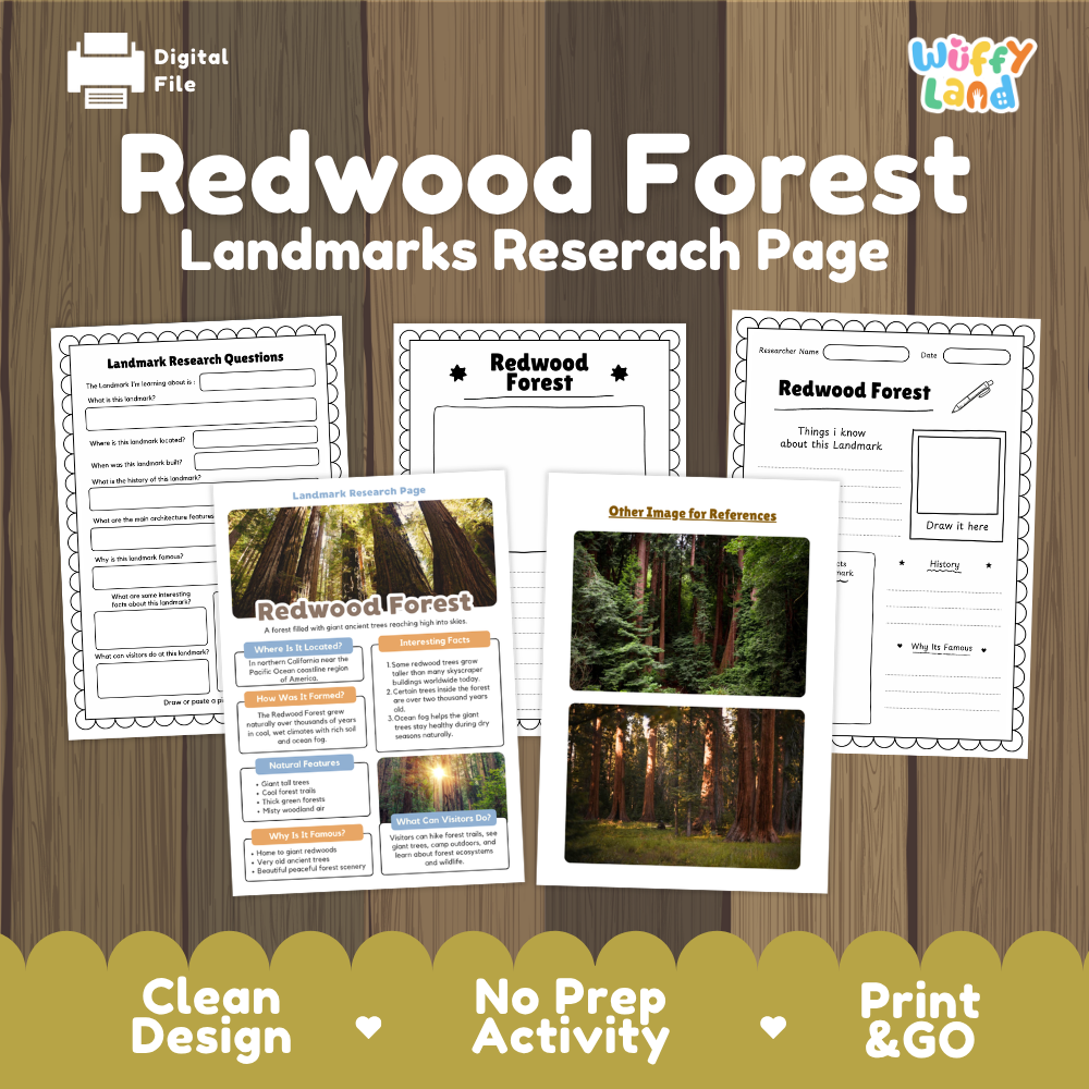 Digital worksheet preview for a 'Redwood Forest Landmarks Research Page' by Wiffy Land, shown on a wood-grain background with several printable worksheet pages and forest photos.