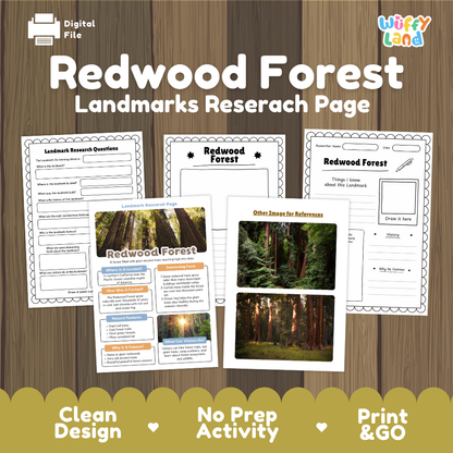 Digital worksheet preview for a 'Redwood Forest Landmarks Research Page' by Wiffy Land, shown on a wood-grain background with several printable worksheet pages and forest photos.
