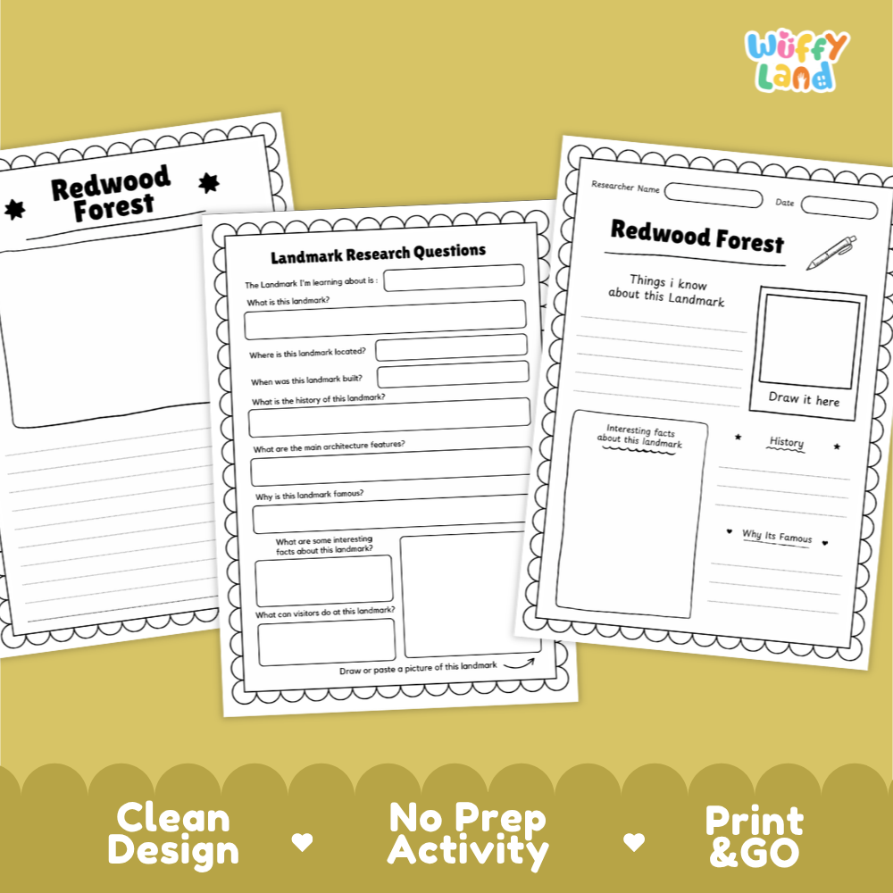 Three printable educational worksheets about a redwood forest are displayed on a mustard yellow background with decorative text at the bottom. The worksheets include writing prompts, research questions, and a drawing area.
