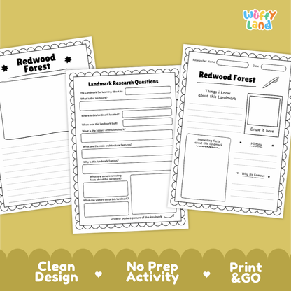 Three printable educational worksheets about a redwood forest are displayed on a mustard yellow background with decorative text at the bottom. The worksheets include writing prompts, research questions, and a drawing area.