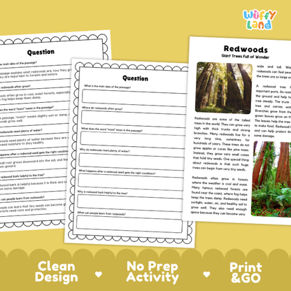 Redwood Plant Reading Passages and Comprehension Questions Worksheets