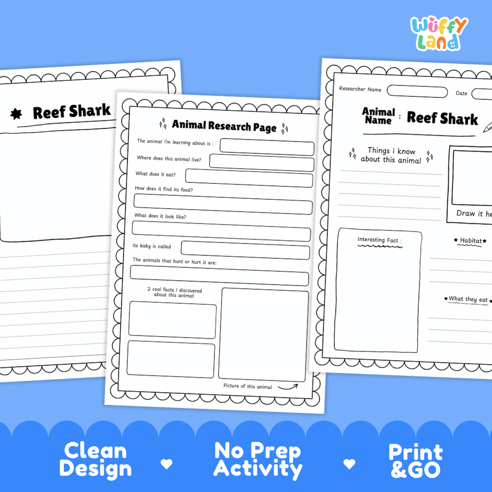 Reef Shark Animal Research Worksheets and Informational Fact Sheets
