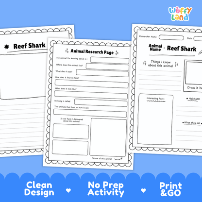 Reef Shark Animal Research Worksheets and Informational Fact Sheets