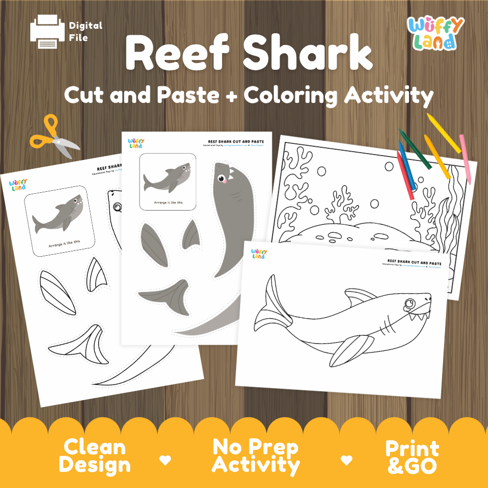 Reef Shark Cut and Paste Craft and Coloring Activity Worksheets