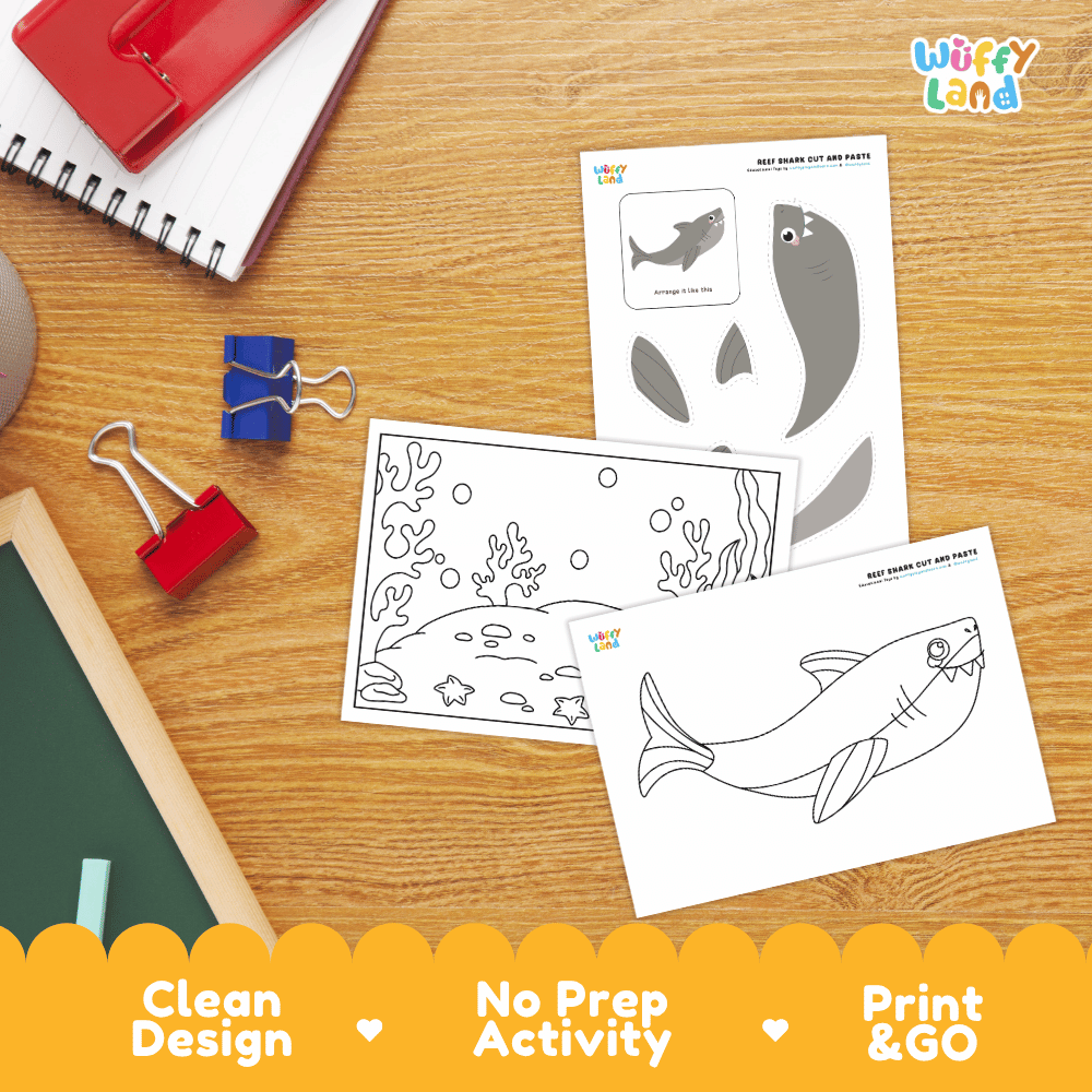 Reef Shark Cut and Paste Craft and Coloring Activity Worksheets