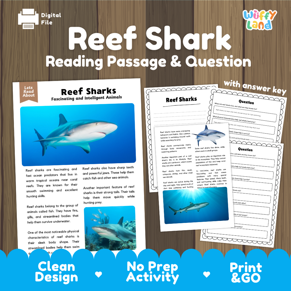 Digital reading activity product cover for 'Reef Shark Reading Passage & Question' by Wiffly Land, showing sample worksheet pages with shark illustrations and text on a wood background with promotional text at the bottom.