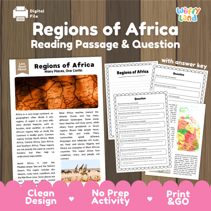 Regions of Africa reading comprehension passage and questions printable activity pack with answer key for elementary students