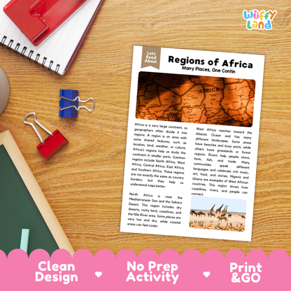Student reading comprehension worksheet with short-answer questions and lined sections about African regions