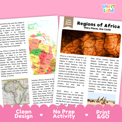 Teacher answer key page showing complete question solutions for Regions of Africa reading comprehension practice