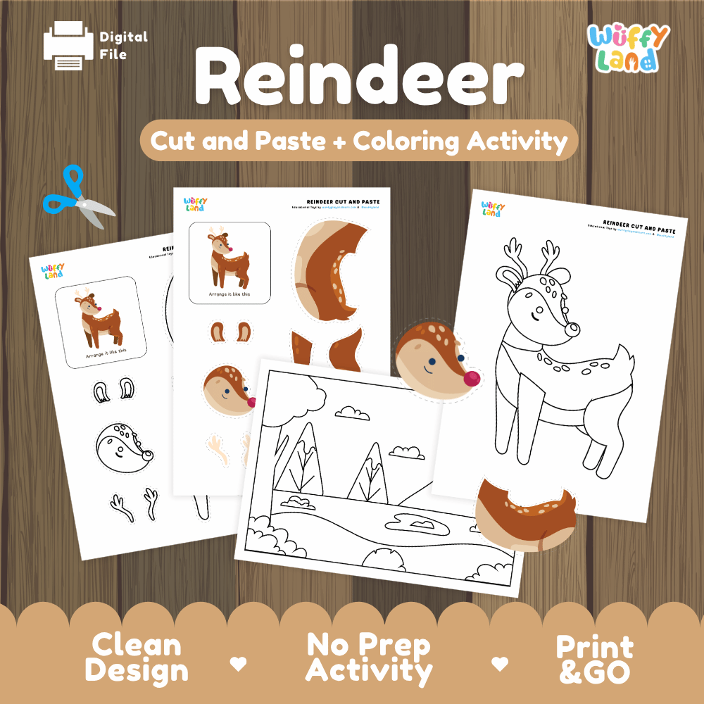 Reindeer Cut and Paste Craft and Coloring Activity Worksheets