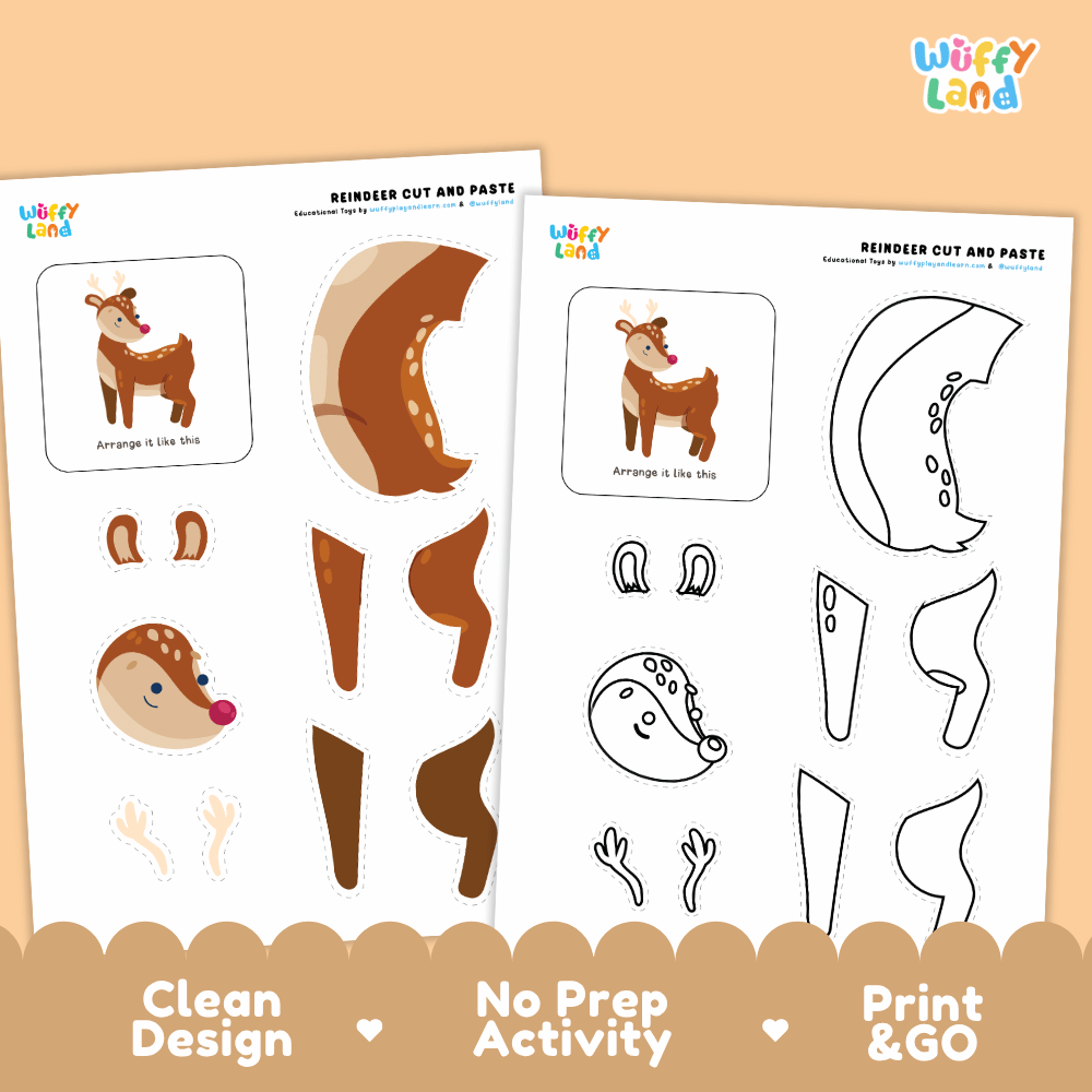 Reindeer Cut and Paste Craft and Coloring Activity Worksheets