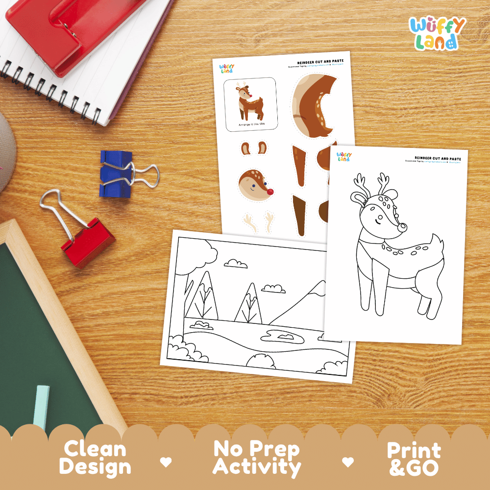 Reindeer Cut and Paste Craft and Coloring Activity Worksheets