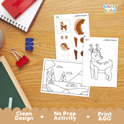 Reindeer Cut and Paste Craft and Coloring Activity Worksheets