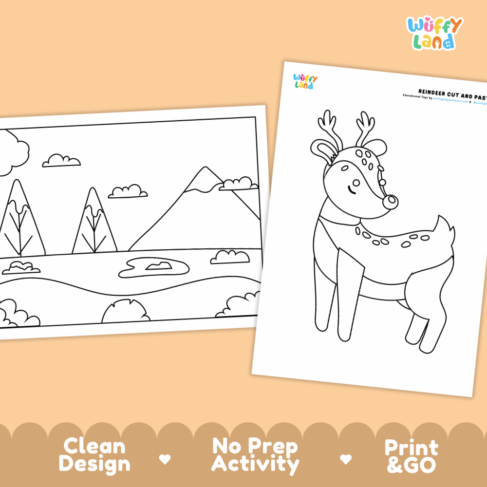 Reindeer Cut and Paste Craft and Coloring Activity Worksheets
