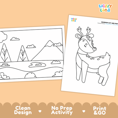 Reindeer Cut and Paste Craft and Coloring Activity Worksheets