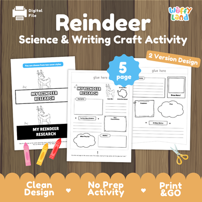 Digital product listing graphic for a 'Reindeer Science & Writing Craft Activity' by Wiffly Land, showing three preview pages of printable worksheets on a wood-grain background with orange promotional badges and decorative crayons/scissors.