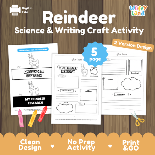 Digital product listing graphic for a 'Reindeer Science & Writing Craft Activity' by Wiffly Land, showing three preview pages of printable worksheets on a wood-grain background with orange promotional badges and decorative crayons/scissors.