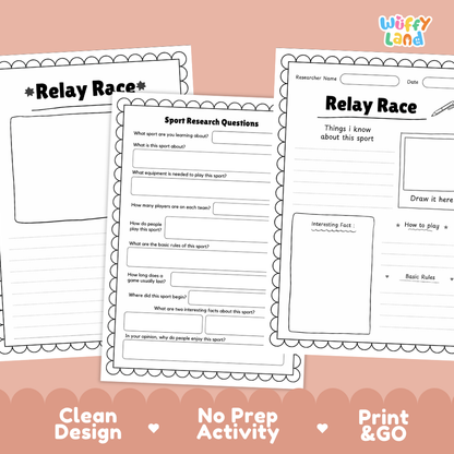 Relay Race Sport Research Project Worksheets and Fact Sheet Activity