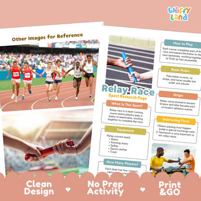 An educational poster set about relay racing, featuring a sports-themed layout with photos of runners, informational text boxes, and a relay race illustration. The brand name 'Wiffly Land' is visible in the top right corner.