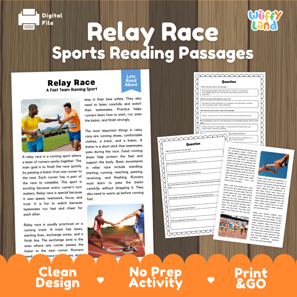 Relay Race Sports Reading Passage and Comprehension Questions Worksheets