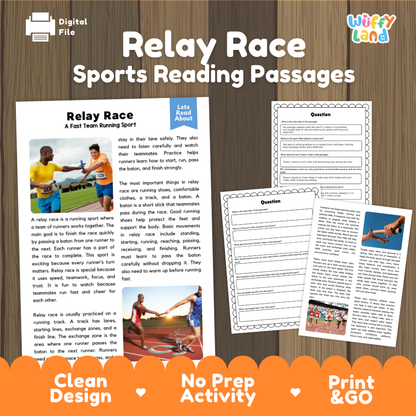 Relay Race Sports Reading Passage and Comprehension Questions Worksheets