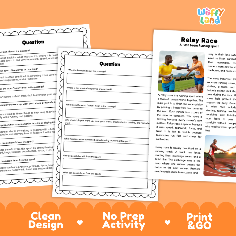 Relay Race Sports Reading Passage and Comprehension Questions Worksheets