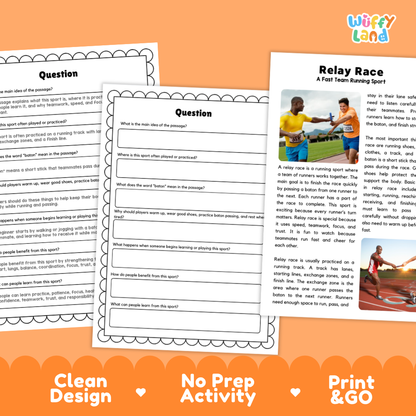 Relay Race Sports Reading Passage and Comprehension Questions Worksheets