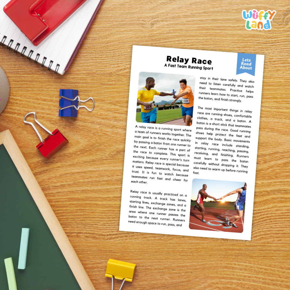 Relay Race Sports Reading Passage and Comprehension Questions Worksheets