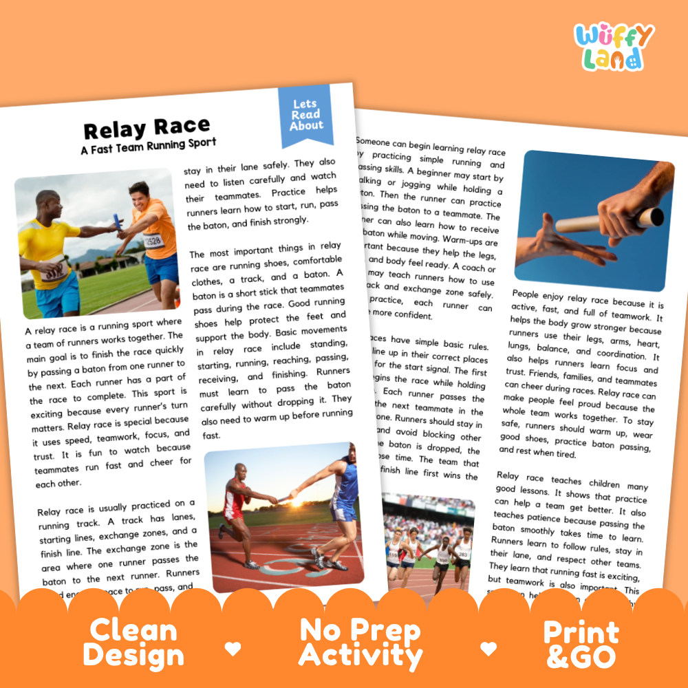 Relay Race Sports Reading Passage and Comprehension Questions Worksheets