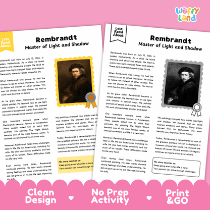 Rembrandt art history reading comprehension activity with artist biography, questions and writing practice for classroom and homeschool learning