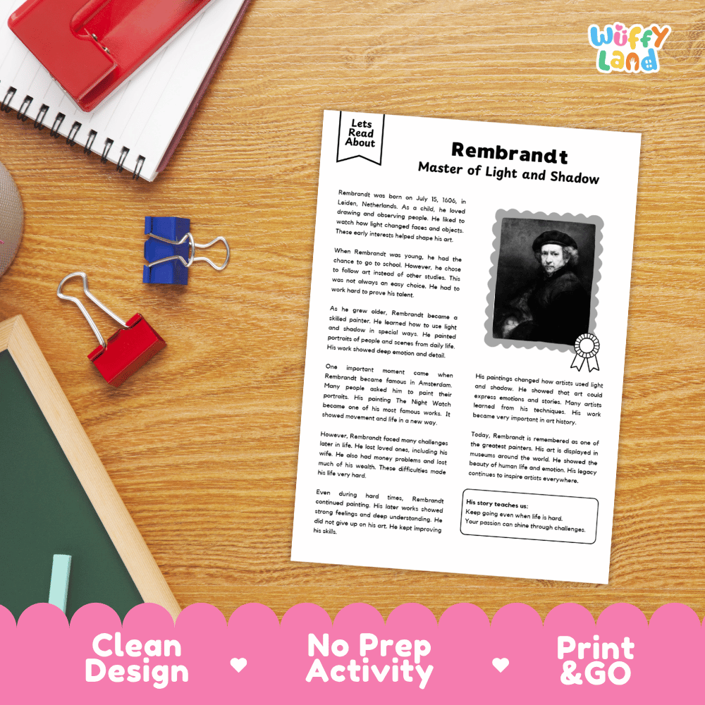 Rembrandt artist biography printable featuring a nonfiction reading passage, student worksheets and comprehension activities about his life and famous artwork