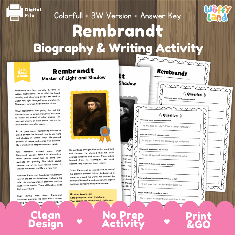 Rembrandt biography reading comprehension worksheets with nonfiction passage, comprehension questions, writing activity and answer key for students