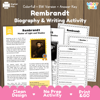 Rembrandt biography reading comprehension worksheets with nonfiction passage, comprehension questions, writing activity and answer key for students
