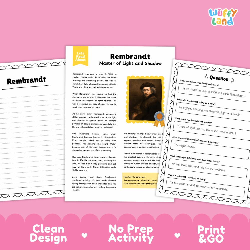 Printable Rembrandt reading passage and writing activity exploring the Dutch master painter known for light and shadow, with comprehension questions