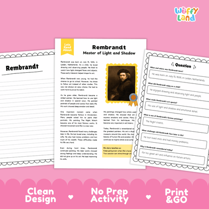 Printable Rembrandt reading passage and writing activity exploring the Dutch master painter known for light and shadow, with comprehension questions