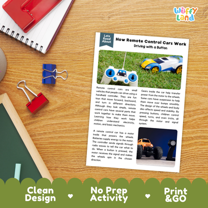 Printable student worksheet with short-answer reading comprehension questions covering remote control cars and technology