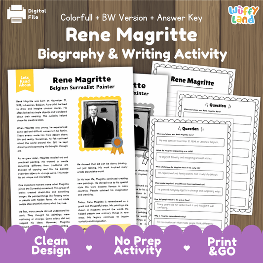 Rene Magritte biography reading comprehension worksheets with nonfiction passage, comprehension questions, writing activity and answer key for students