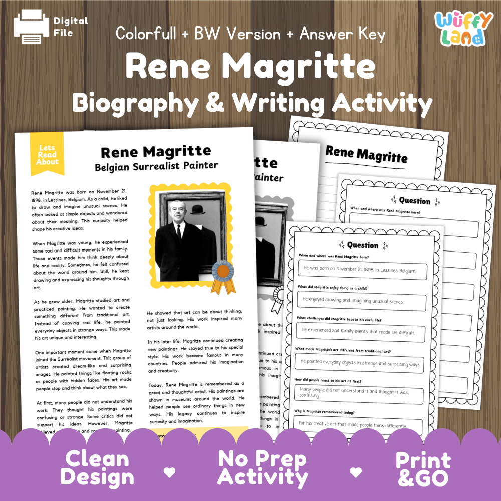 Digital printable activity sheets for a 'Rene Magritte Biography & Writing Activity' shown on a wooden background. The sheets feature a biography layout with a portrait photo and text, alongside writing prompts.