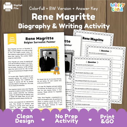 Digital printable activity sheets for a 'Rene Magritte Biography & Writing Activity' shown on a wooden background. The sheets feature a biography layout with a portrait photo and text, alongside writing prompts.