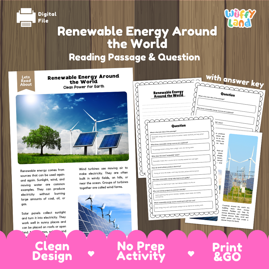 Renewable Energy Around the World reading comprehension passage and questions printable activity pack with answer key for elementary students