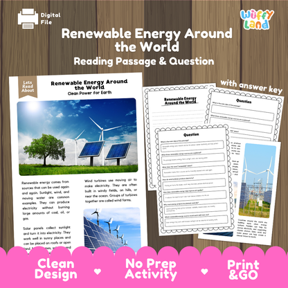 Renewable Energy Around the World reading comprehension passage and questions printable activity pack with answer key for elementary students