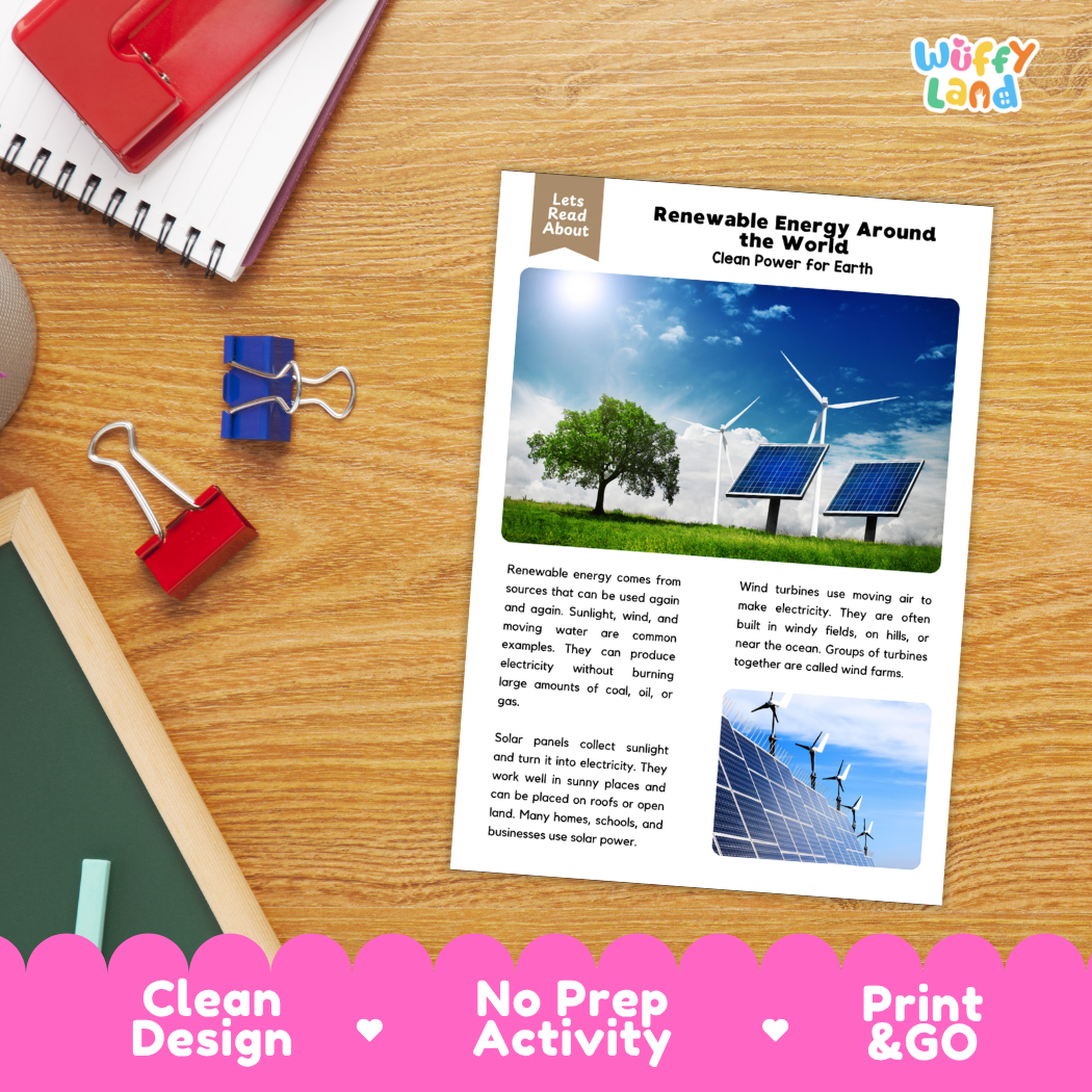 Student reading comprehension worksheet with short-answer questions and lined sections about renewable energy around the world