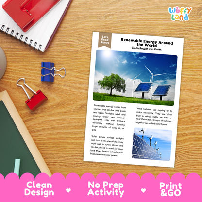 Student reading comprehension worksheet with short-answer questions and lined sections about renewable energy around the world