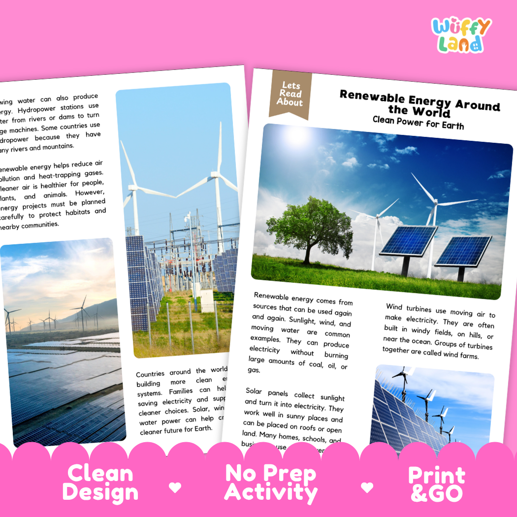 Teacher answer key page showing complete question solutions for Renewable Energy Around the World science reading comprehension practice
